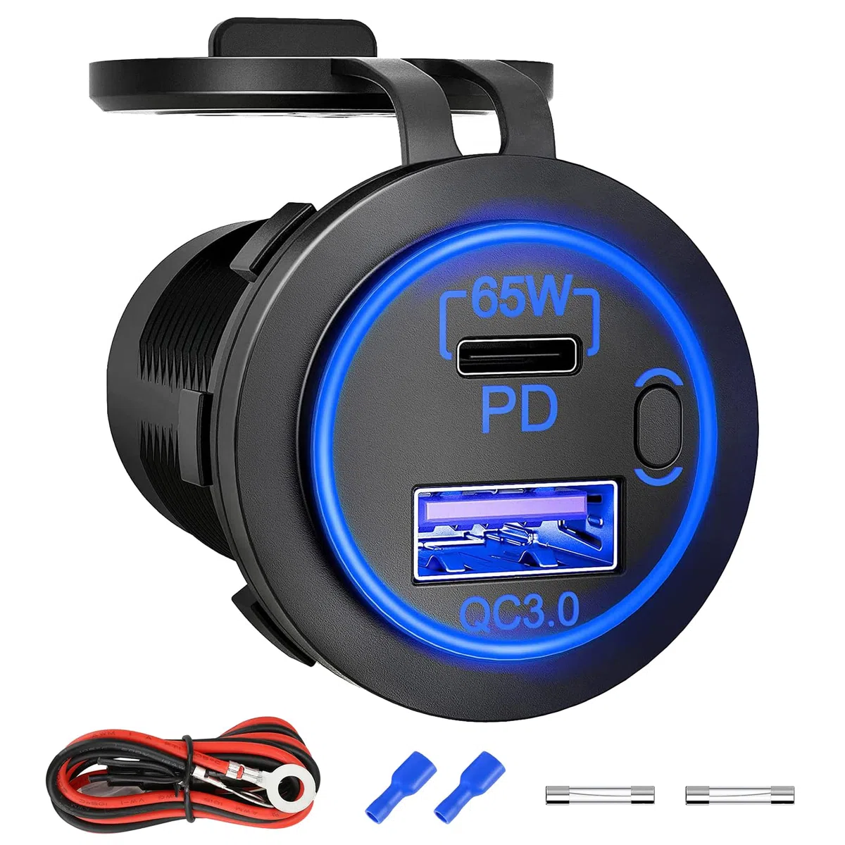 Presa USB da 83 W 12 V, 18 W QC 3.0 USB A e 65 W PD USB C per caricabatteria da auto con interruttore ON Off per auto, golf cart barca, autobus marino, camion, camper, moto marine