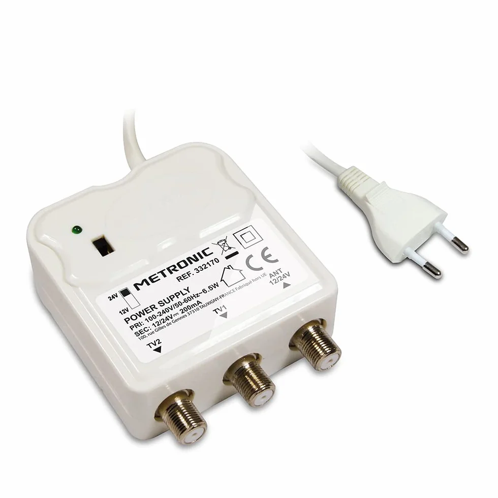METRONIC 332170 Amplificatore per interni con regolazione del guadagno, 2 uscite TV 9,52 mm - Alimentazione 12/24 V per amplificatore TV - Alimentazione elettrica - Bianco