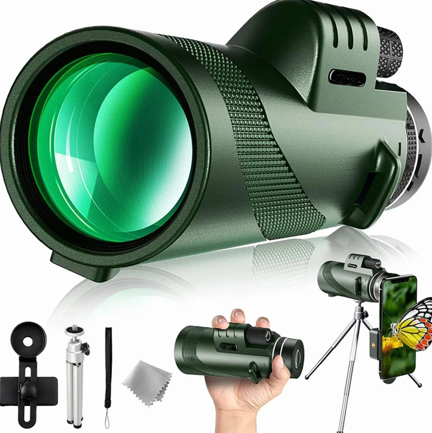 Monocolo 12x50, HD ad alta potenza Telescopio monoculare, BAK-4 Prisma e FMC Cannocchiale Monoculare, per watching caccia campeggio,escursionismo,concerti (Verdemilitare)