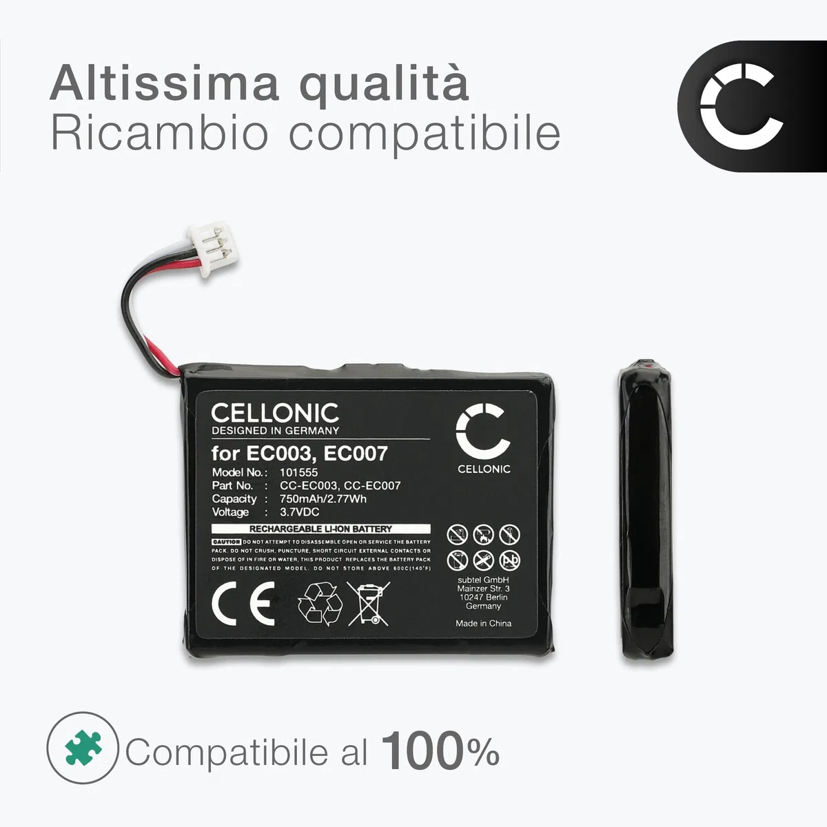 subtel, Batteria per Lettore MP3 compatibile con Apple iPod mini 1 Gen. - A1051, 2 -, EC003, 1G (3.7V, 750mAh)