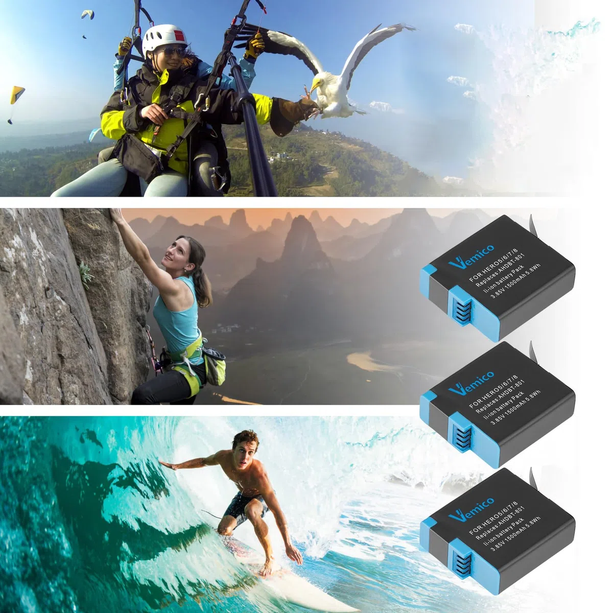 Vemico Hero 8 Batteria Caricabatterie Kit ­3 x 1500mAh Batterie di Ricambio e USB Tipo-C LED a 3 Canali Caricatore per Hero 7 Black/Hero 8 /Hero 6 /Hero 5/AHDBT-801