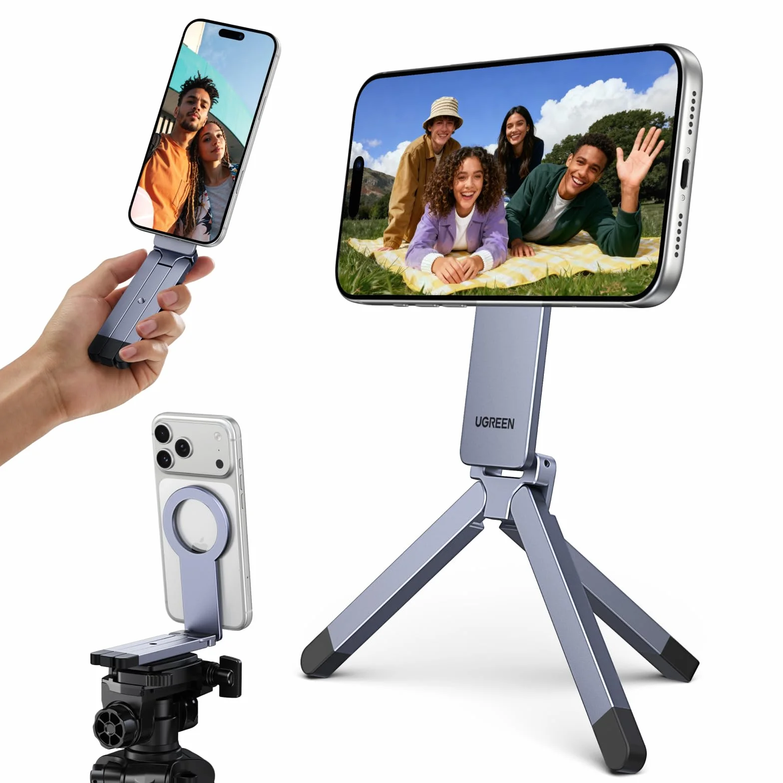 UGREEN Treppiede Magnetico per Telefono Grigio Nebulosa Supporto Magnetico MagSafe Materiale in Lega di Alluminio Adatto per Viaggi Riunioni e Uso Domestico