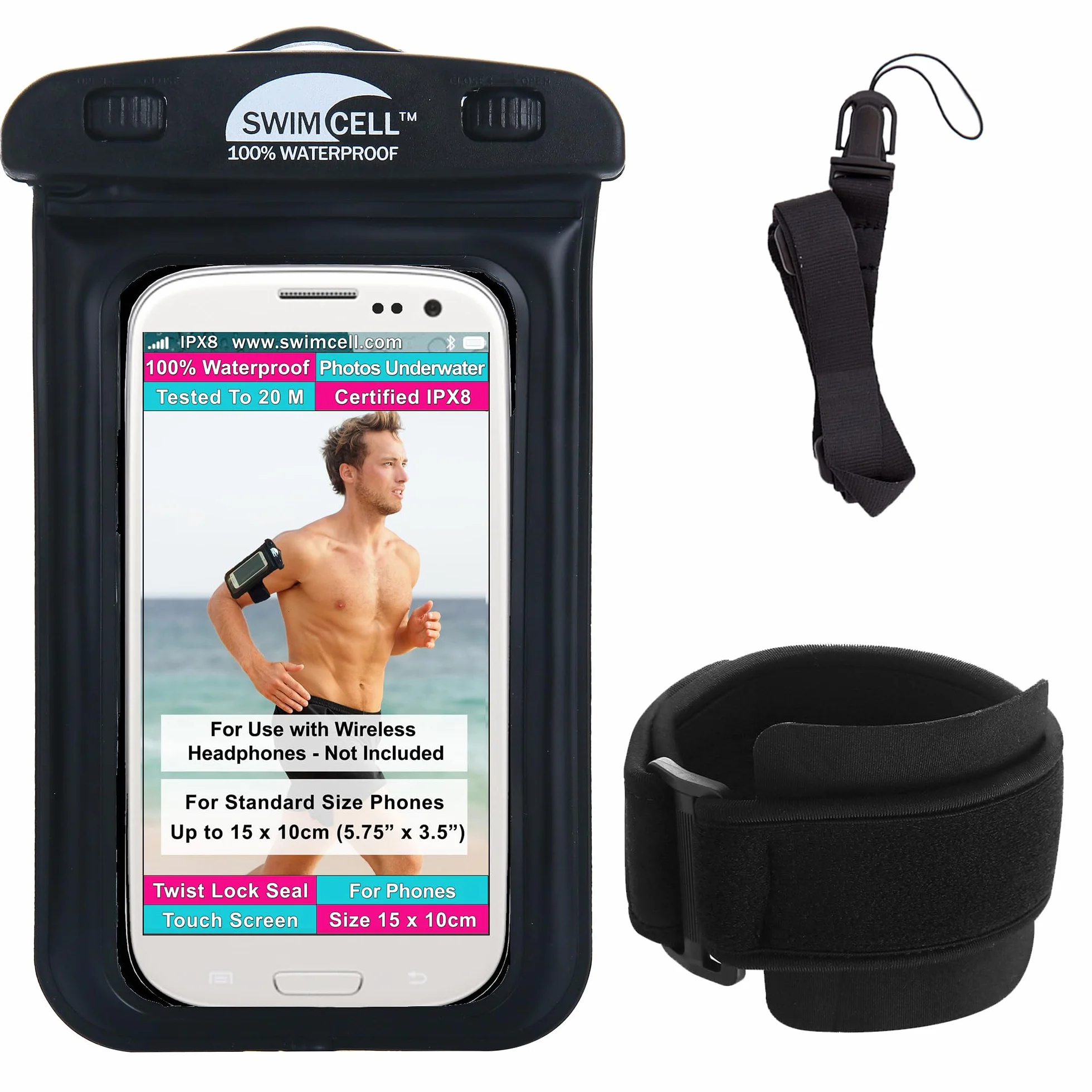 Fascia Da Braccio Impermeabile Per Telefono - Da Corsa E Nuoto. Per TUTTI I Telefoni STANDARD Fino A 15.5cm: iPhone,Pro Samsung Galaxy Android. Inclusi Fascia Alta Visibilità E Cordino.