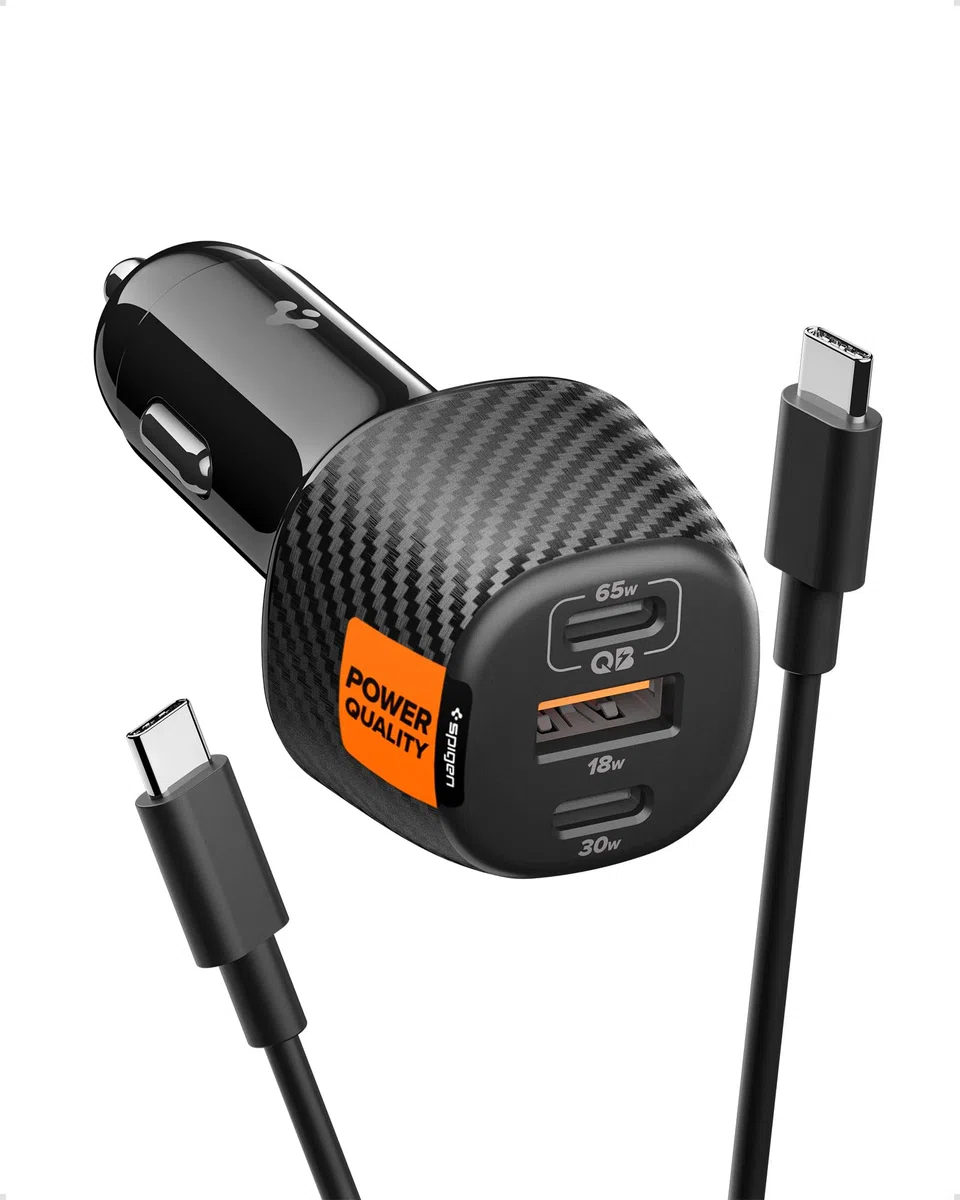 Spigen ArcStation Essential 113W Caricatore Auto USB C Rapido [Cavo E-Marker Incluso & 3 Porte] Mini Caricatore Accendisigari Compatibile con iPhone 17 17e 16 15 Samsung S26 S25 Google Pixel 10a 10