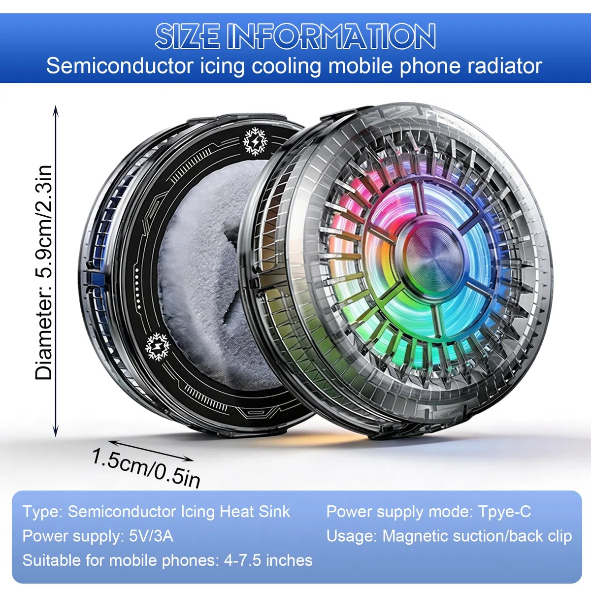 Radiatore magnetico per cellulare da 15 W, con luce LED, design magnetico e clip, 4800 – 5500 RPM, raffreddamento ultra silenzioso per smartphone da 4 – 7,5 pollici, universale, compatibile per gaming