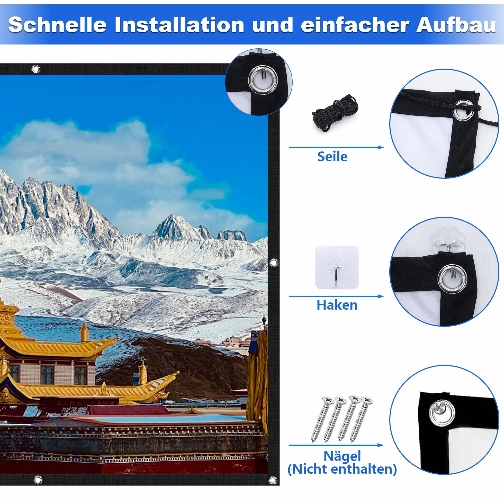 Schermo Proiettore 100 Pollici, Telo Proiettore 16:9 4K Full HD, Portatile Projector Screen Anti Rughe per Esterno Cinema Casa Festa Campeggio