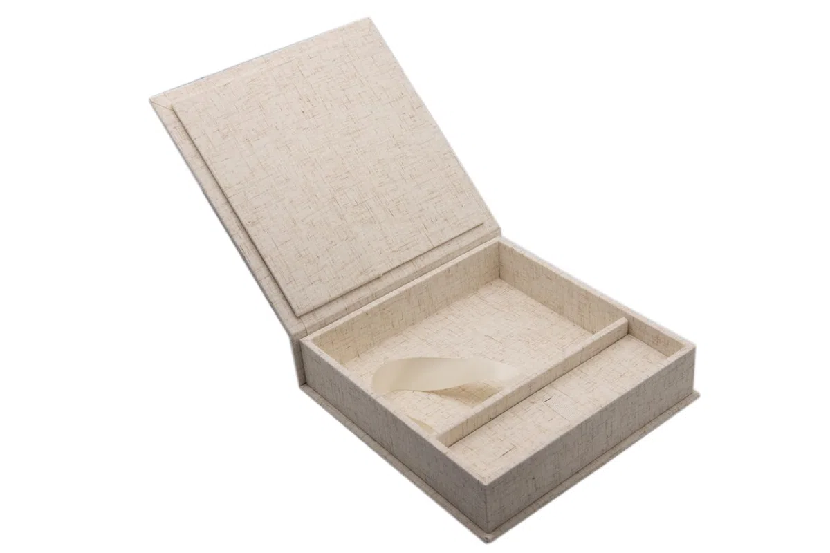 Scatola porta USB/DVD per matrimonio, con scatola fotografica, 13 x 18 cm, tessuto di lino (naturale)