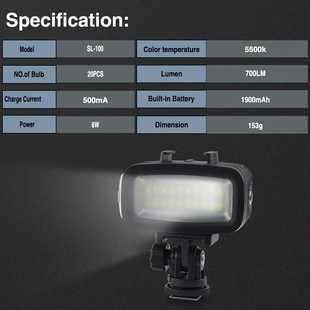 Sea frogs sl-100 700LM Diving video fill-In luce lampada a LED impermeabile 40 m 1900 mAh batteria ricaricabile integrata con diffusore per GoPro SJCAM Xiaomi Yi sport Action Camera