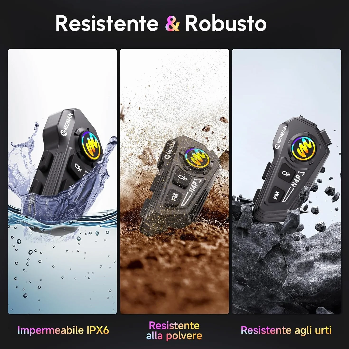 Moman Cuffie per casco da moto, BT5.1, con altoparlanti Hi-Fi, doppia riduzione del rumore, RGB/FM/vivavoce/AI vocale, cuffie per pilota singolo (nero H4P)