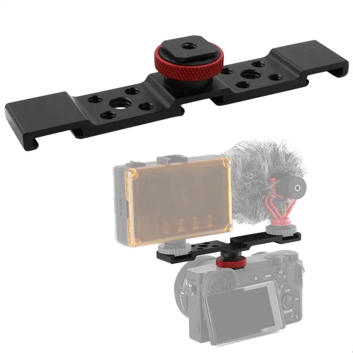 Staffa Flash Montaggio Hot Shoe - Doppia Prolunga Guida Adattatore Bracket in Alluminio con Viti da 1/4” 3/8” per Treppiede Luce LED Microfono Monitor DSLR Fotocamera Fotografia ,Nero