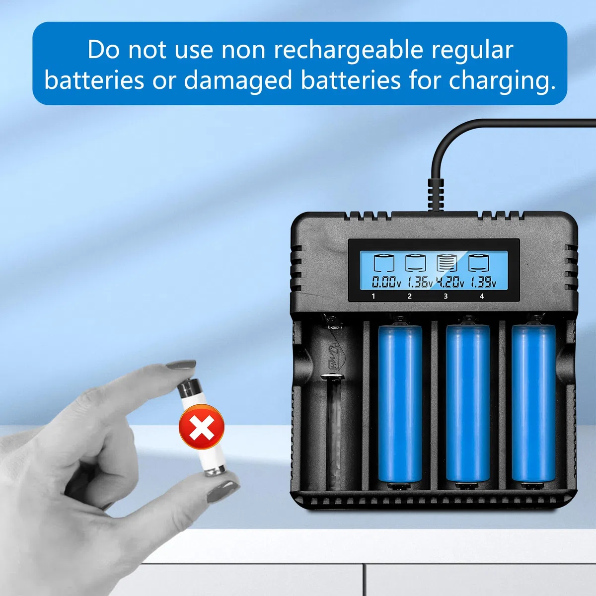 Caricabatterie pile Ricaricabili LCD litio con 4 Slot Indipendente Caricatore Compatibile con 3.7V 26500/18650/14500/16340/26700