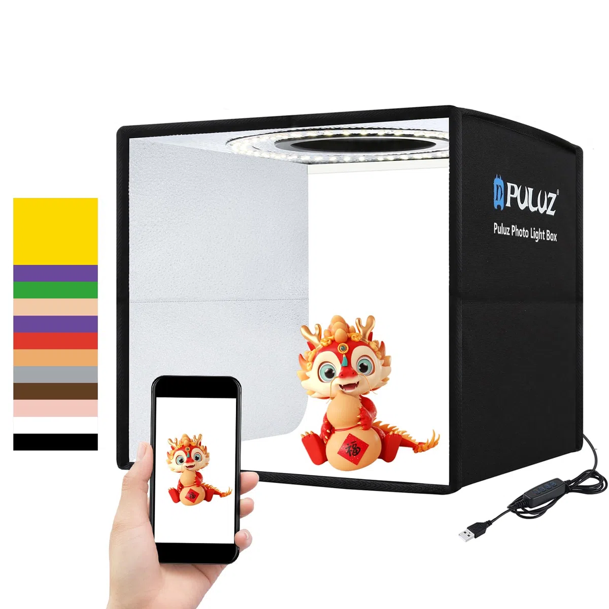 【25 cm 】 PULUZ Piccola scatola per foto da 9,8 pollici, pieghevole, portatile, per studio fotografico, studio fotografico, scatola con sfondo di 12 colori, High 97 CRI Ring Light