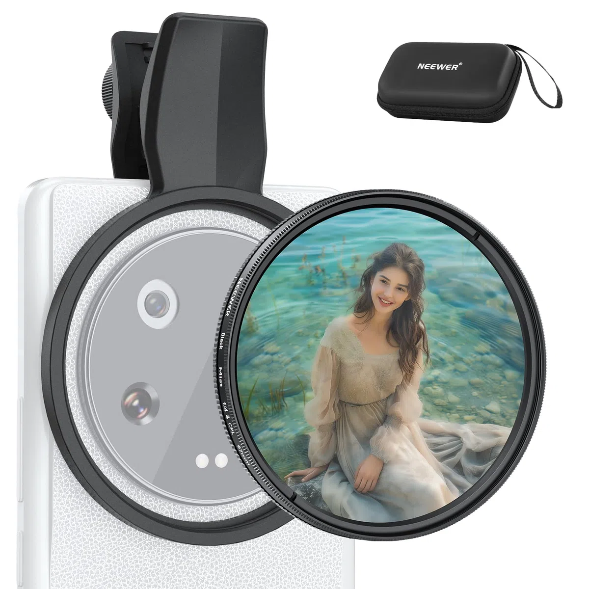 NEEWER 2in1 67mm Filtro CPL e Balck Diffusion 1/4 a Clip Compatibile con Samsung S25 Ultra Google Pixel Huawei Xiaomi,Polarizzante Circolare per Obiettivo Telefono,Kit Accessori per Fotografia,FL-B36