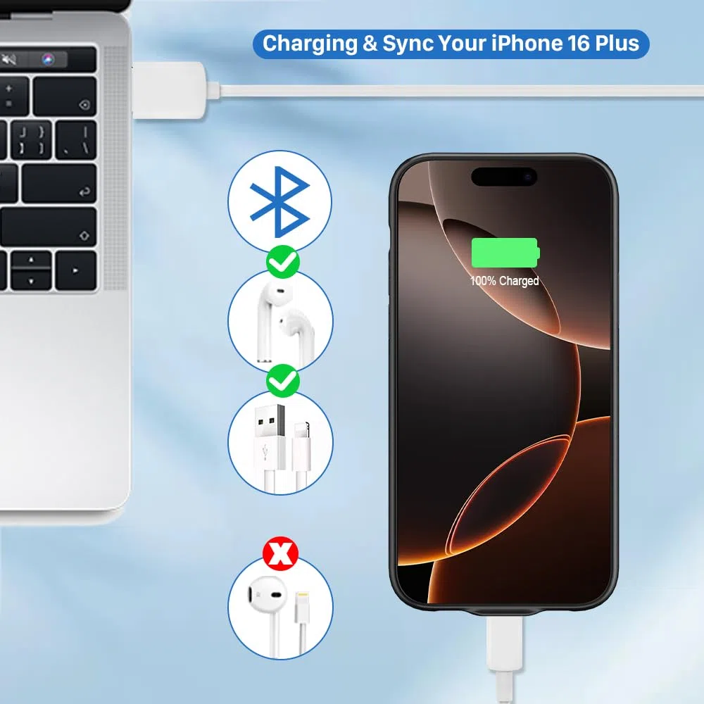 LCLEBM Custodia per iPhone 16 Plus, 7000 mAh, aggiornamento ad alta capacità, batteria ricaricabile estesa, cover protettiva portatile intelligente di backup per iPhone 16 Plus (1 confezione)
