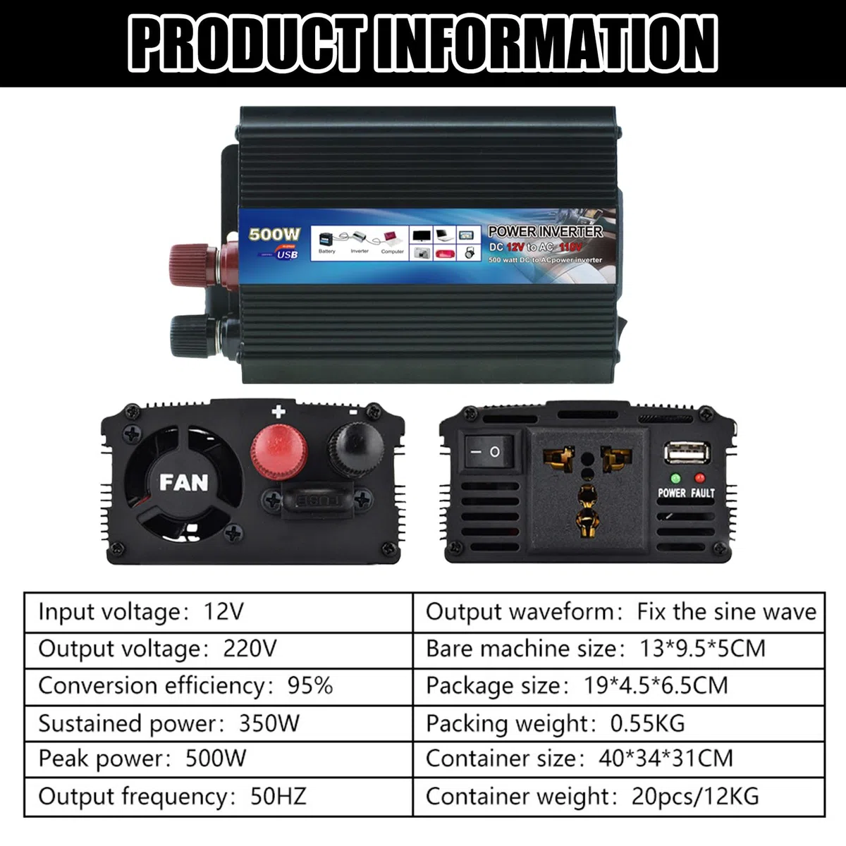 Inverter da 500 W, Dc 12 V a 220 V, convertitore di corrente per auto, ricarica di computer portatili, telefoni cellulari e altri dispositivi (nero)