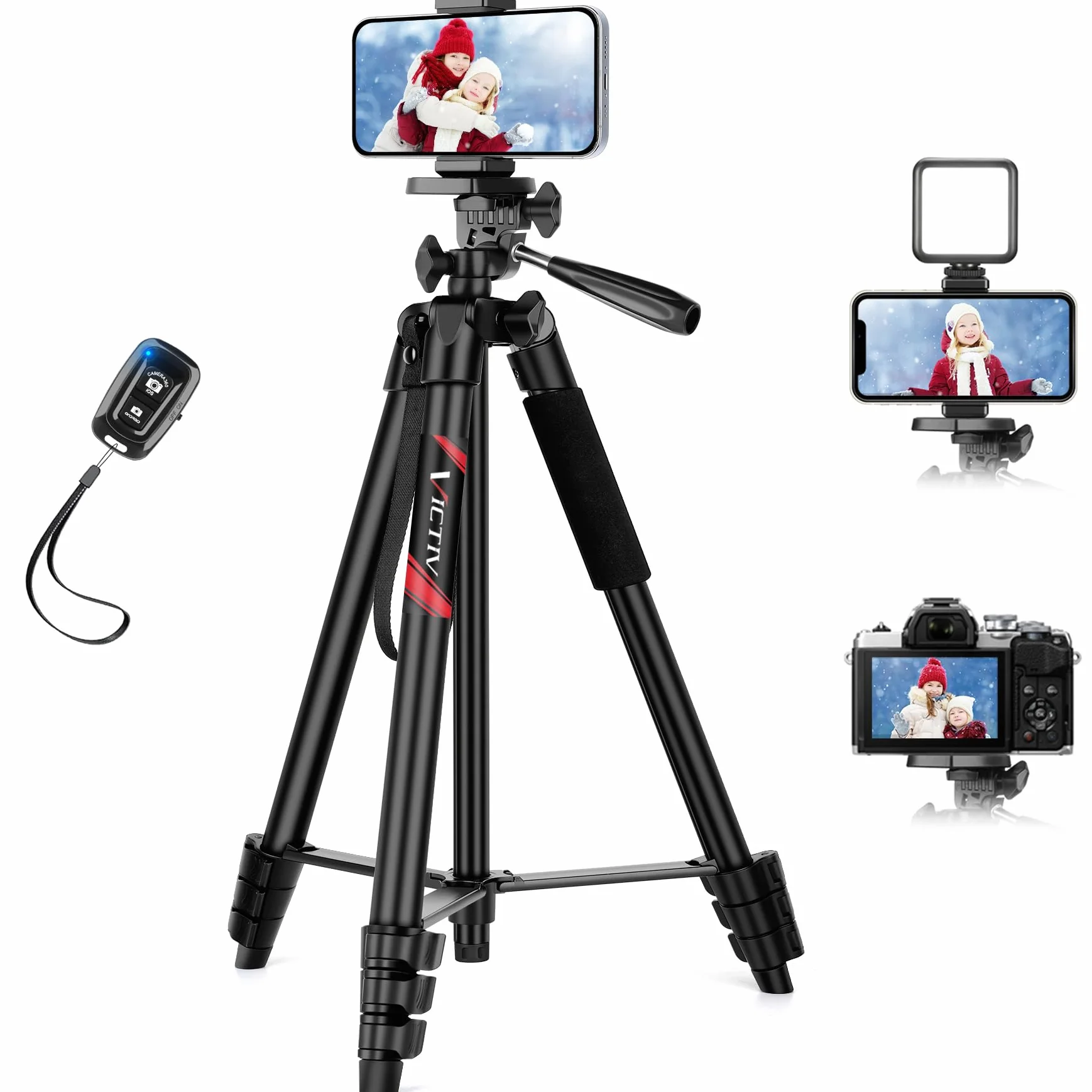Victiv 162cm Treppiede Smartphone, Cavalletto per Smartphone da Viaggio con Telecomando e Supporto per Cellulare, Leggero e Portatile Tre Piedi per Telefono, Compatibile con iPhone & Android