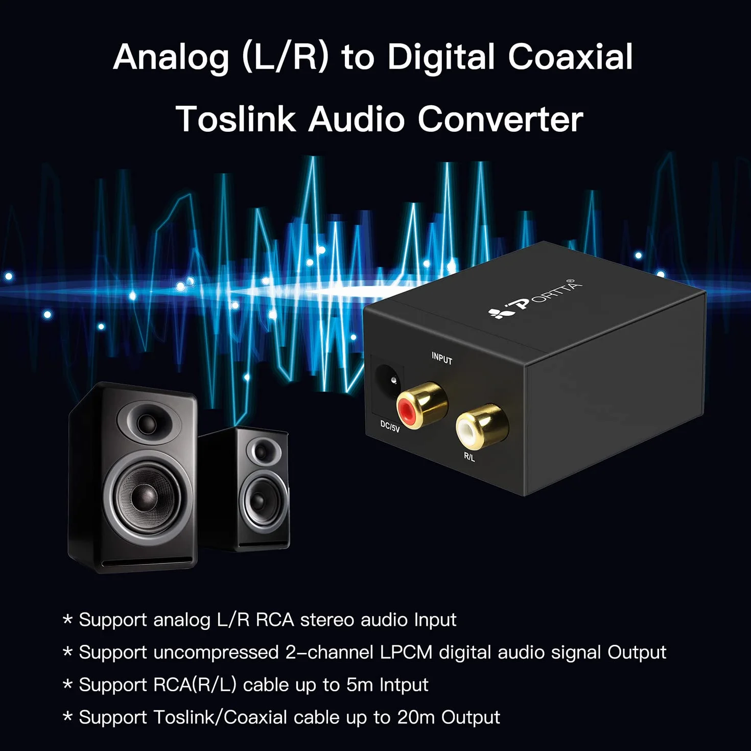Convertitore da Analogico a Digitale, Portta Adattatore Audio Analog-Digital o RCA to Digital Audio Converter - Cavo Jack e RCA a SPDIF / Toslink / Ottico / Coassiale per cuffie PS3 Xbox 360 HDTV Blue Ray Sky HD DVD Apple TV