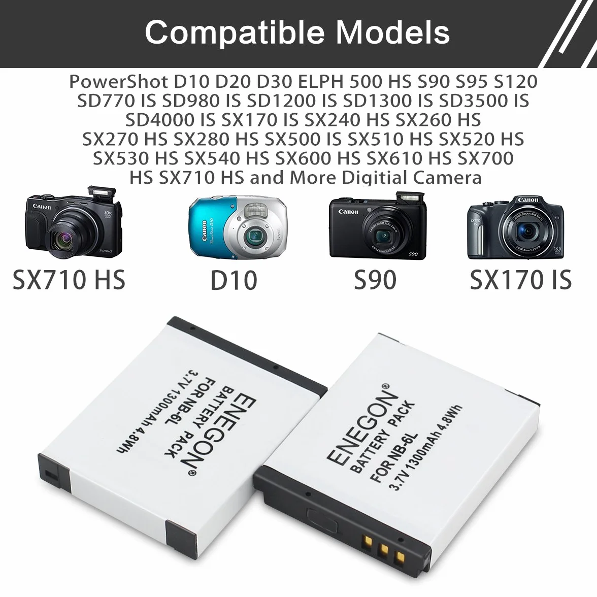 ENEGON Batteria sostitutiva (2 pacchi) e kit caricabatterie per Canon NB-6L, NB-6LH, CB-2LY e Canon PowerShot SX510 HS, SX500 IS, SX700 HS, SX280 HS, SX260 HS, SX170 IS e altre fotocamere