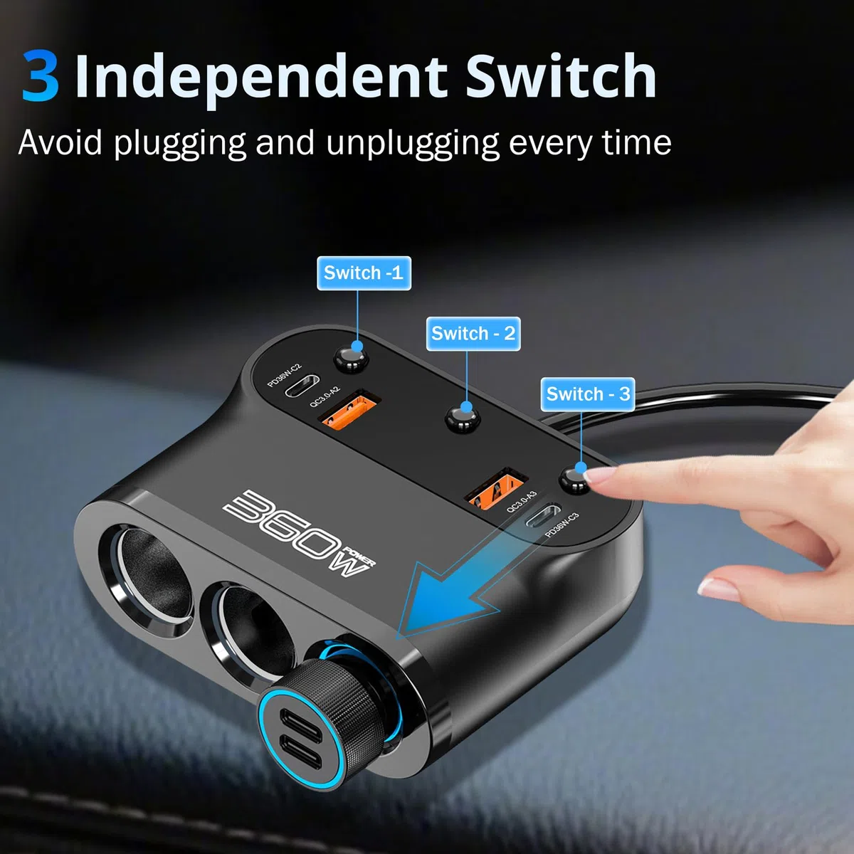 360W Avanzato 9 IN 1 Multi Presa Accendisigari Sdoppiatore per Auto, 36W PD USB Caricatore Adattatore Accendisigari 12V/24V con Interruttore Voltmetro Ricarica Rapida iPhone, Samsung, Dash Cam