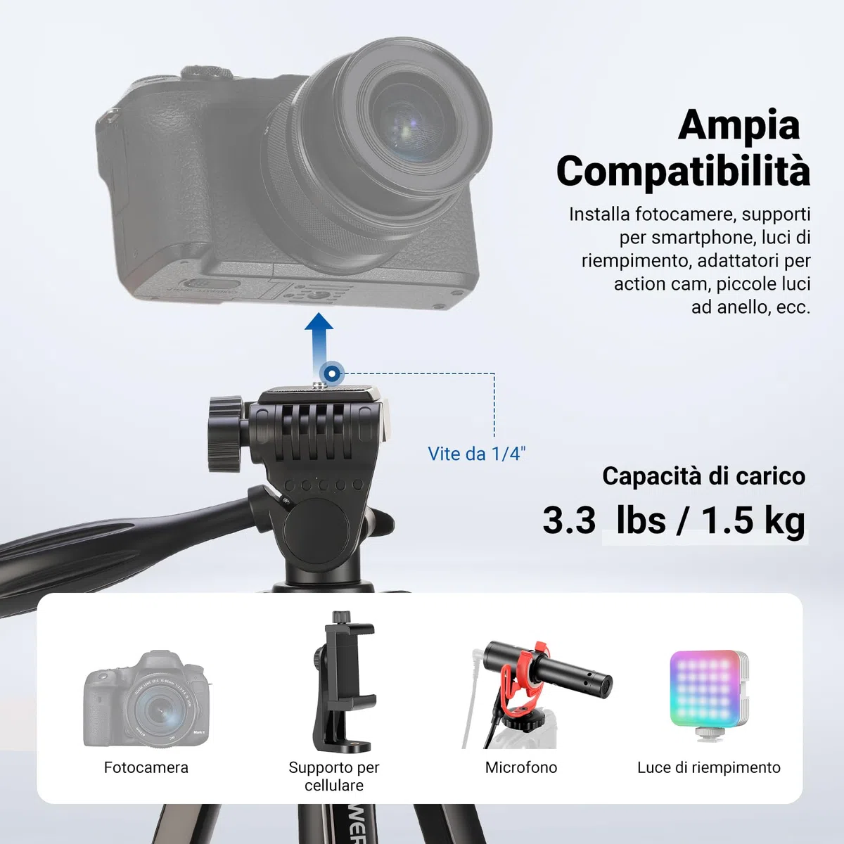 NEEWER ENTRY LEVEL VERSION Treppiede per Telefono e Fotocamera, Cavalletto da Viaggio Portatile Leggero Metallico con Supporto Cellulare a Cold Shoe Compatibile con iPhone per Riprese Video Film, TP53