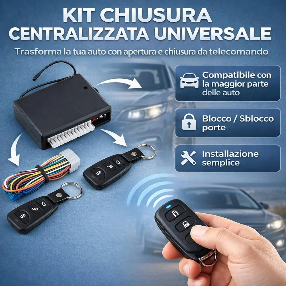 CAR PASSION Kit Chiusura Centralizzata Auto Universale - 2 Telecomandi, Apertura Baule e Controllo a Distanza - Facile da Installare, Sicuro e Compatibile con Tutti i Veicoli