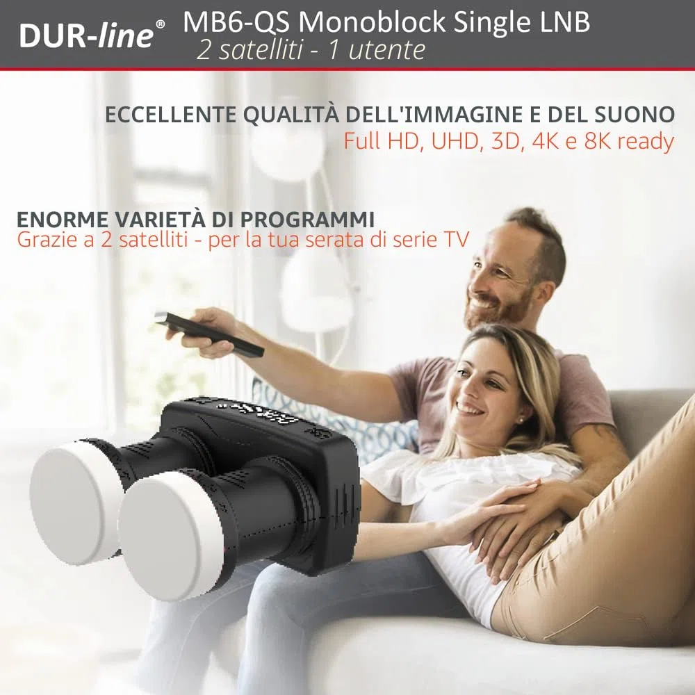 DUR-line LNB monoblocco singolo 6° - Astra 19.2°E + Hotbird 13°E - 1 partecipante e 2 satelliti (MB6-QS) - Doppio LNC con DiSEqC integrato - Full HD, 4K, 8K, 3D - Resistente alle intemperie +