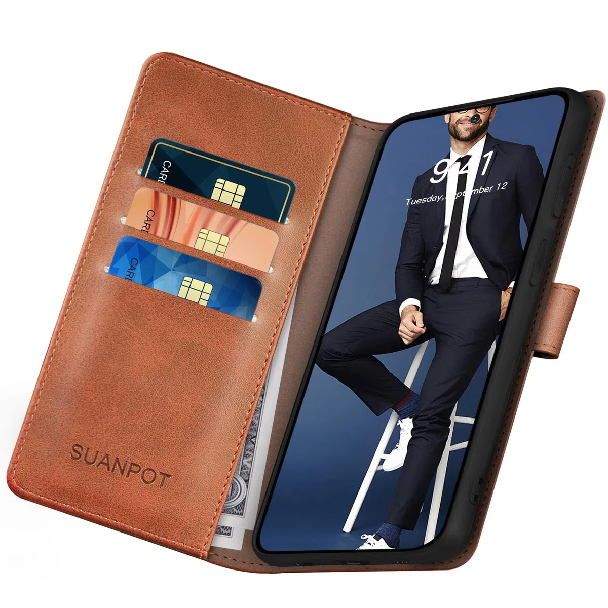 SUANPOT progettazione per Xiaomi Redmi Note 13 4G Blocco RFID Portafoglio Slot CarteSupporto Cellulare Magnetica custodia Pelle Sintetica Cover per Redmi Note 13 Marrone Chiaro