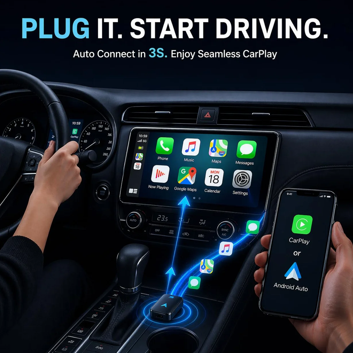 Adattatore CarPlay Wireless – Adattatore Android Auto Wireless, Wi-Fi 5,8GHz Plug & Play, Mini e Stabile, iOS 10+/Android 10+, Connessione Automatica Rapida per Auto dal 2016 in poi (1Pezzi)