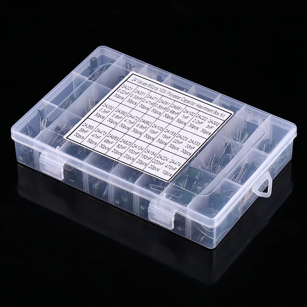 Duokon Kit Assortimento Condensatori a Film in Poliestere, Set di Condensatori Elettronici 660 Pezzi 24 Valori, 100 V da 0,22 NF a 470 NF con Scatola Trasparente per Studenti di Laboratori di
