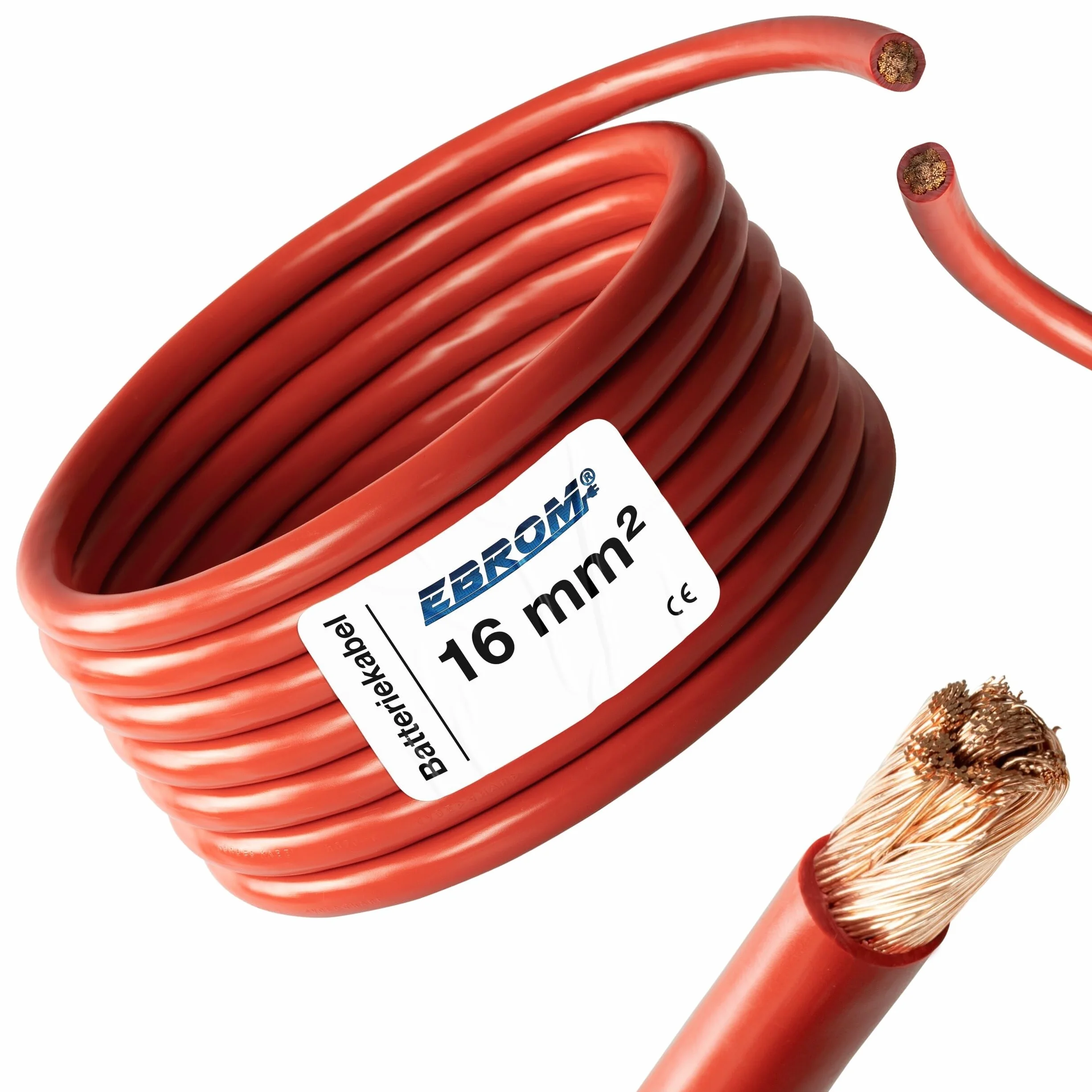 Ebrom, cavo da batteria rosso, H07V-K, 5 metri, cavo da 16 mm², per batteria auto, 100% in rame OFC