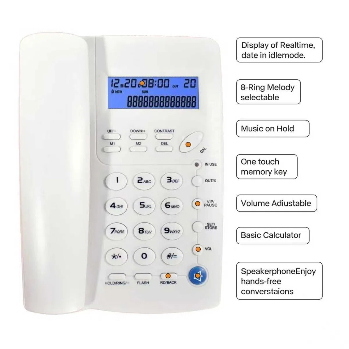 Ornin Y043 Telefono fisso con altoparlante, visualizzazione chiamate tramite LCD, Bianco