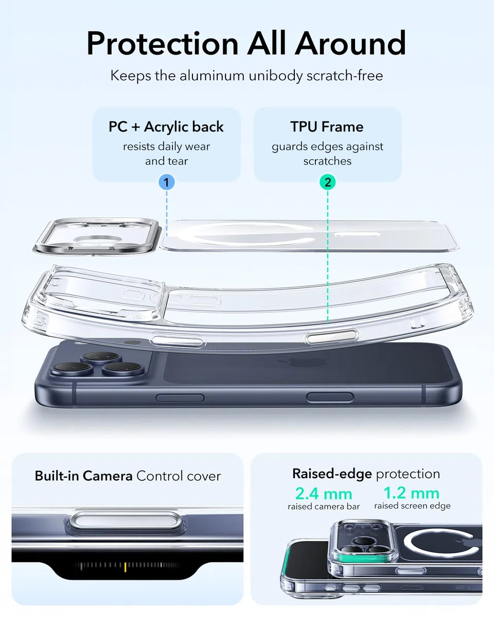 ESR Cover per iPhone 17 Pro, Controllo della fotocamera, Compatibile con MagSafe, Supporto integrato, Protezione di livello militare, Retro resistente ai graffi, Serie Classic, Trasparente