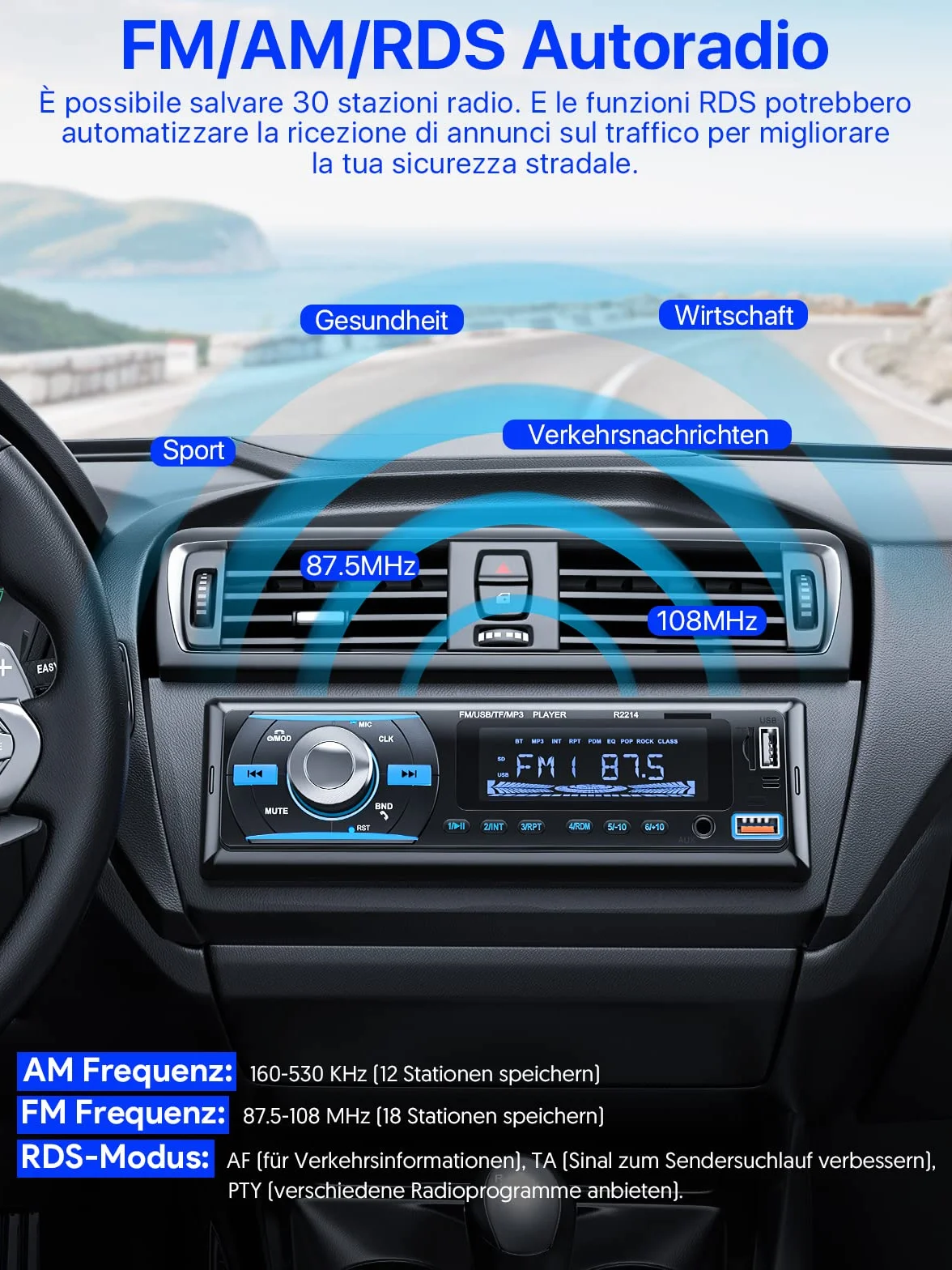 RDS Autoradio Bluetooth 5.0 Vivavoce, Chismos FM/AM Bluetooth Autoradio con telecomando, Supporto due USB/AUX in/SD/TF/WMA/WAV/MP3 Player, 1 DIN Stereo Radio 4x65W Supporto iOS Android