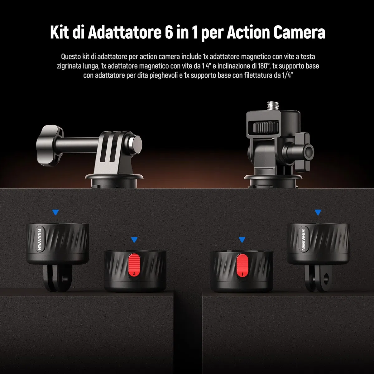 NEEWER GP-24 Kit Accessori di Supporto Action Camera per Riprese POV, Attacco Magnetico a Sgancio Rapido 4in1 in ABS con Filettatura 1/4" e Panno Pulizia Compatibile con GoPro DJI Osmo Action Insta360