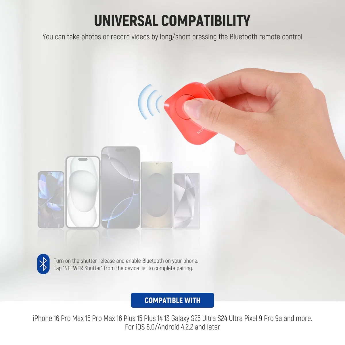 NEEWER RT116 Telecomando Bluetooth Wireless Controllo di Scatto della Fotocamera Compatibile con iPhone iPad Android Smartphone per Instagram Snapchat Selfie Foto Registrazione Video