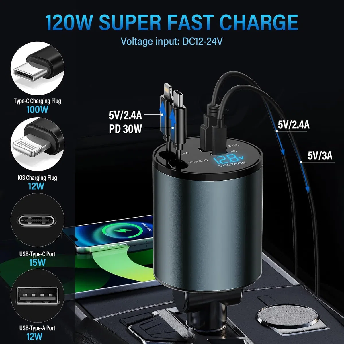Caricabatteria da auto per accendisigari USB C 4 in 1 56W - Caricabatterie per auto con 2 cavi retraibili (Tipo C, Lightning), adattatore USB per accendisigari con visualizzazione tensione, rotazione