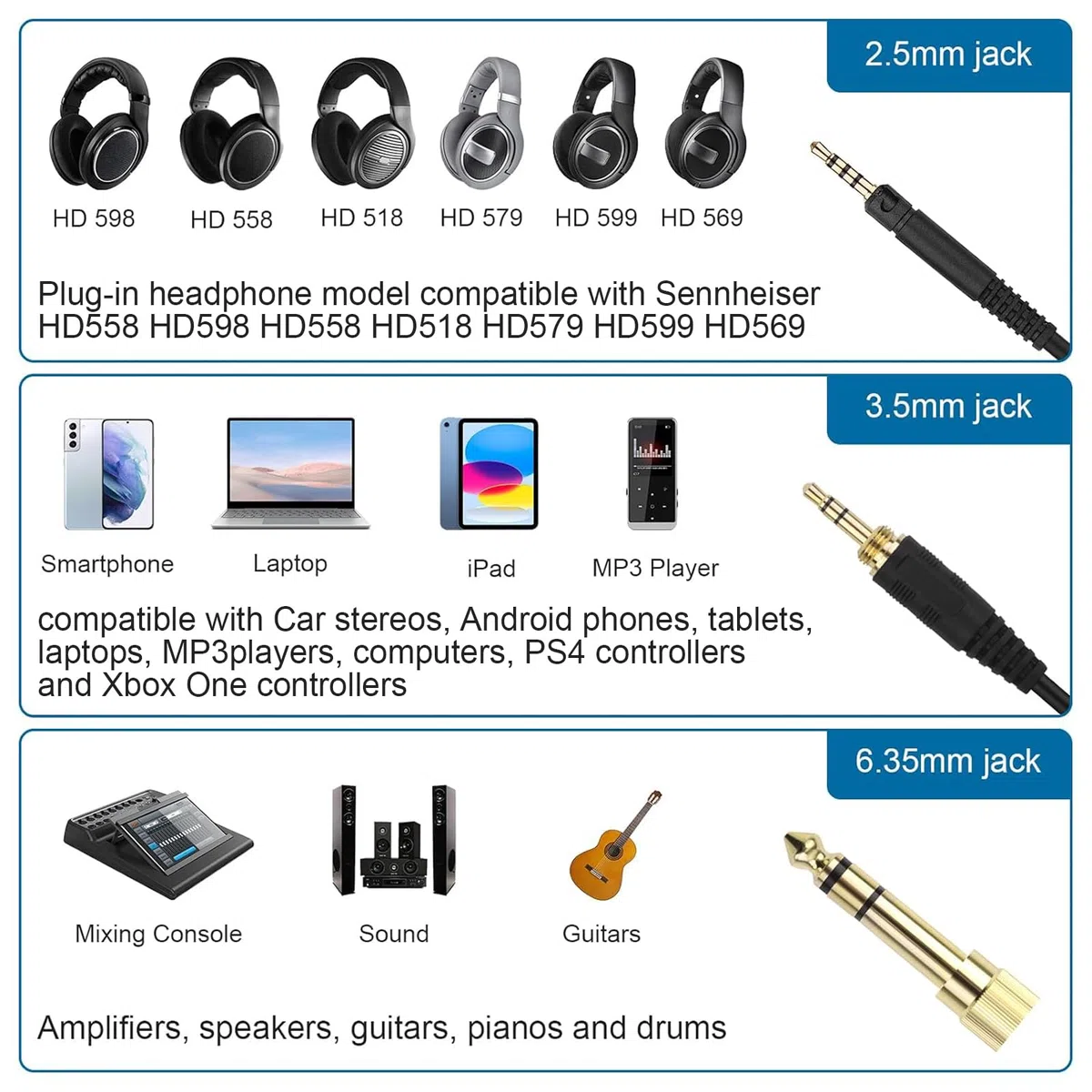 Cavo audio compatibile con cuffie Sennheiser HD599SE, HD599, HD598, HD598SE, HD560S, HD598SR, HD400PRO, HD579, HD569, cavo stereo di ricambio da 2,5 mm a 3,5 mm, con adattatore da 6,35 mm (1,5-3 m)