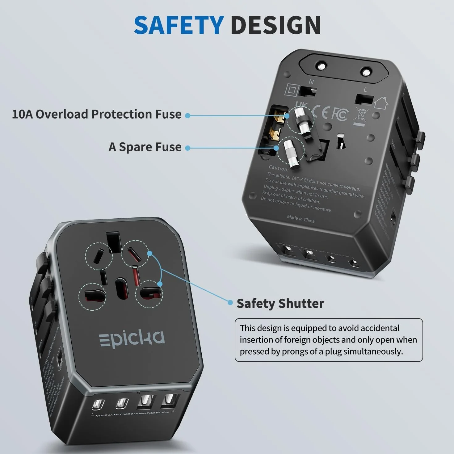 EPICKA Adattatore Universale da Viaggio 30W, Adattatore Presa Universale da Viaggio, Adattatore Giappone da Viaggio con 3 USB-C, 2 USB-A, Adattatore Spina per Italia USA UK Australia, Nero