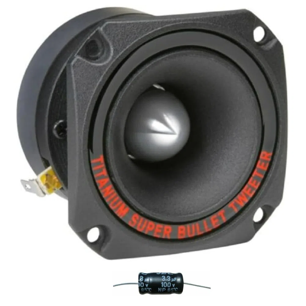 KIT SET PER PYRAMID TW44 1 super tweeter nero al titanio driver da 8 cm x 8 cm, 150 watt rms 300 watt max, per porte portiere sportelli auto, per gare spl, 1 pezzo + condensatore omaggio