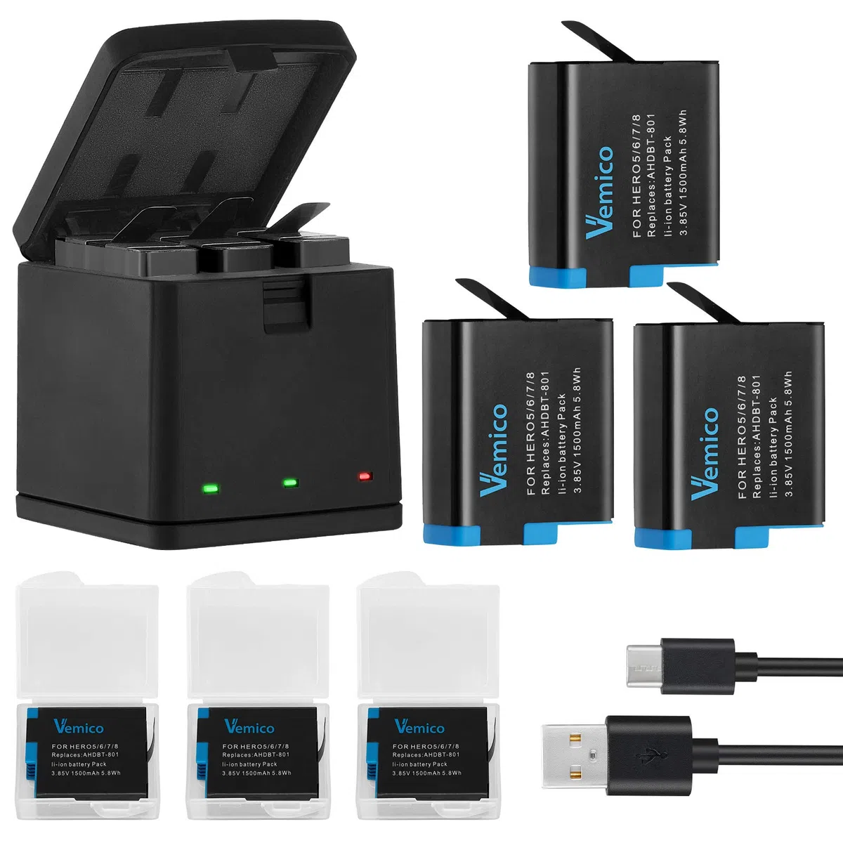 Vemico Hero 8 Batteria Caricabatterie Kit ­3 x 1500mAh Batterie di Ricambio e USB Tipo-C LED a 3 Canali Caricatore per Hero 7 Black/Hero 8 /Hero 6 /Hero 5/AHDBT-801
