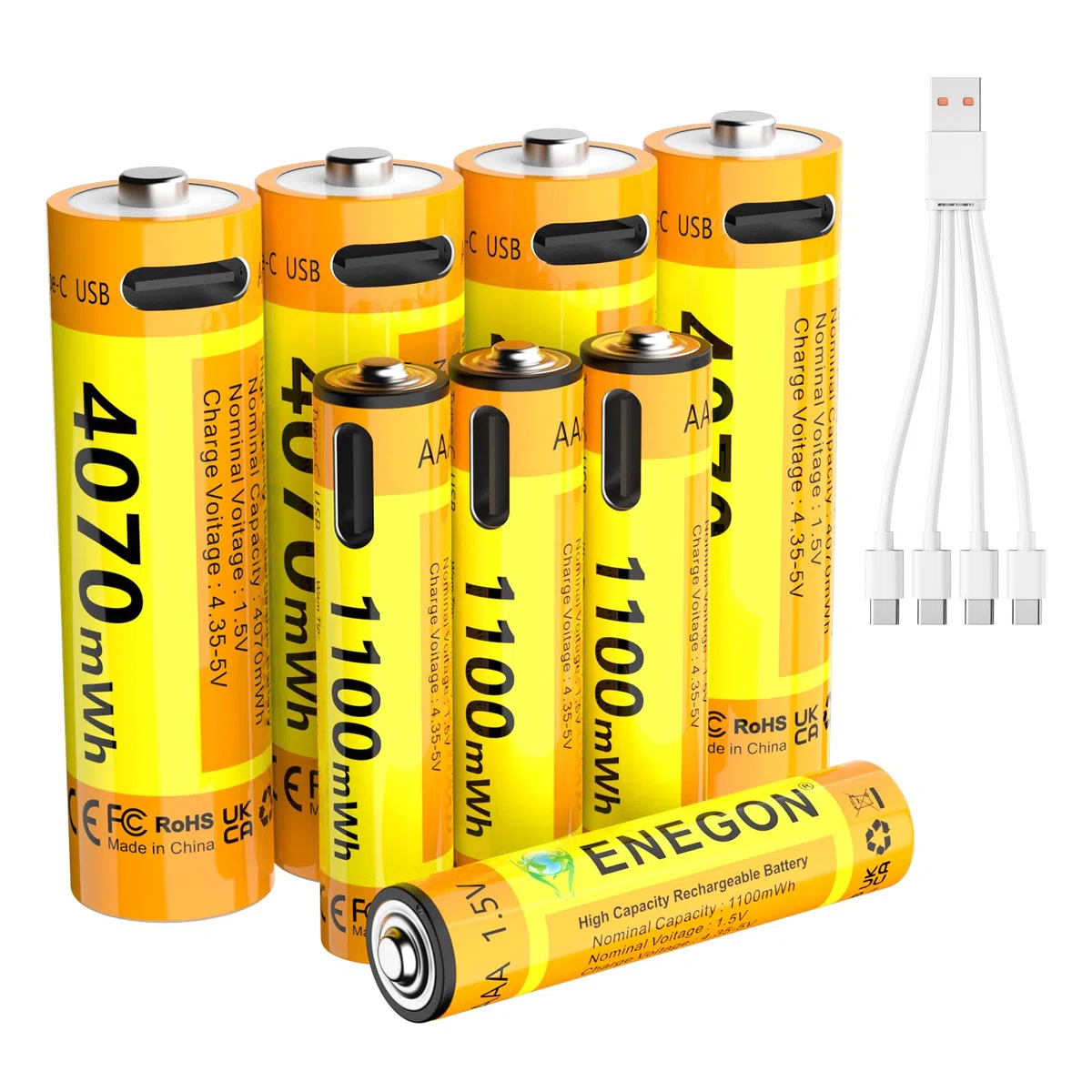 ENEGON Confezione AAA+AA: 4 batterie AAA + 4 AA al litio ricaricabili USB-C, AAA 1100 mWh/AA 4070 mWh, 1,5 V costanti, cavo di ricarica 1-a-4, per telecomandi, bilance, tastiere e mouse