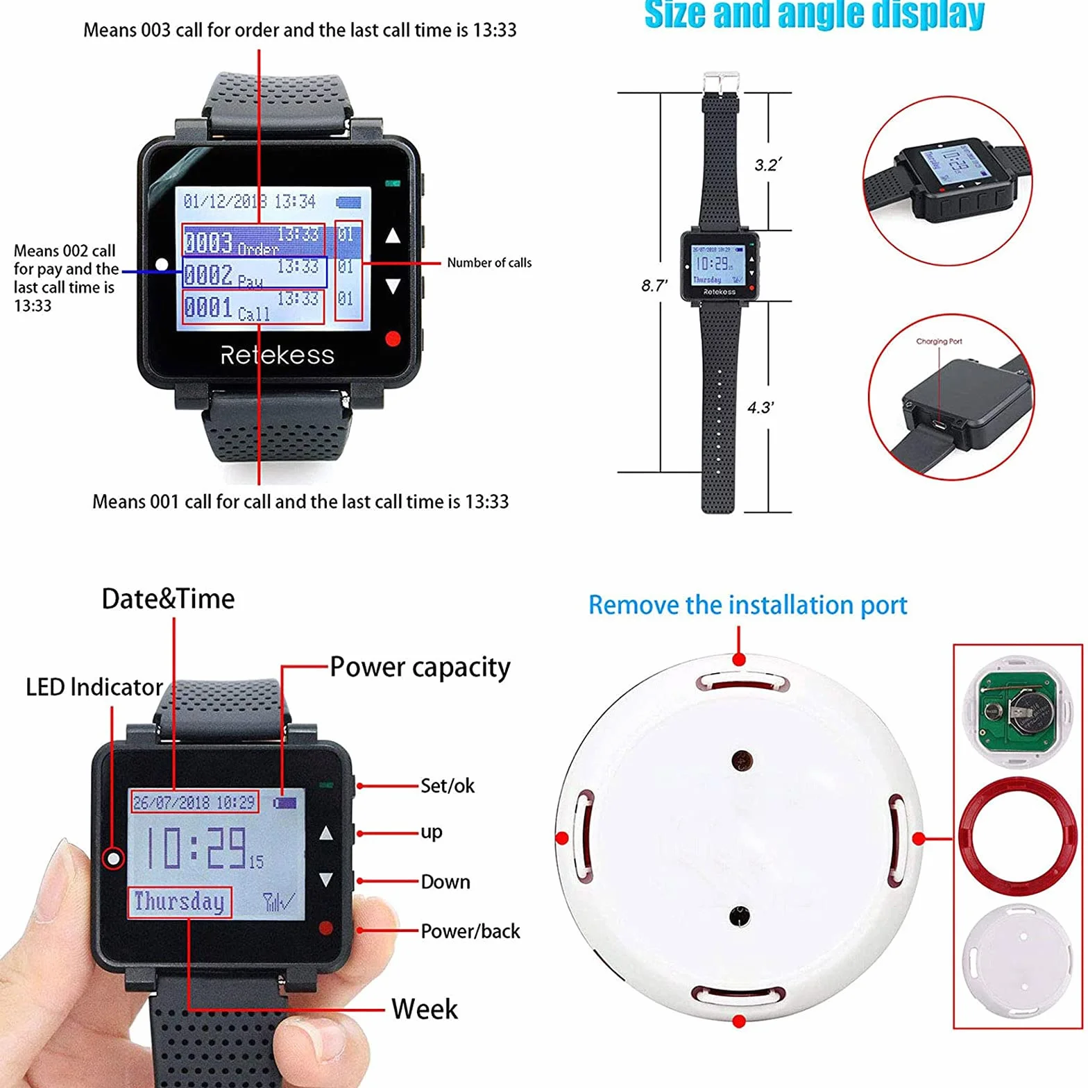 Retekess T128 Cercapersone Ristorante, Sistema di Chiamata Wireless, 48 Ore di Standby,1 Orologio e 20 Pulsanti di Chiamata e 1 Amplificatore Segnale, per Ristorante Bar Pizzeria