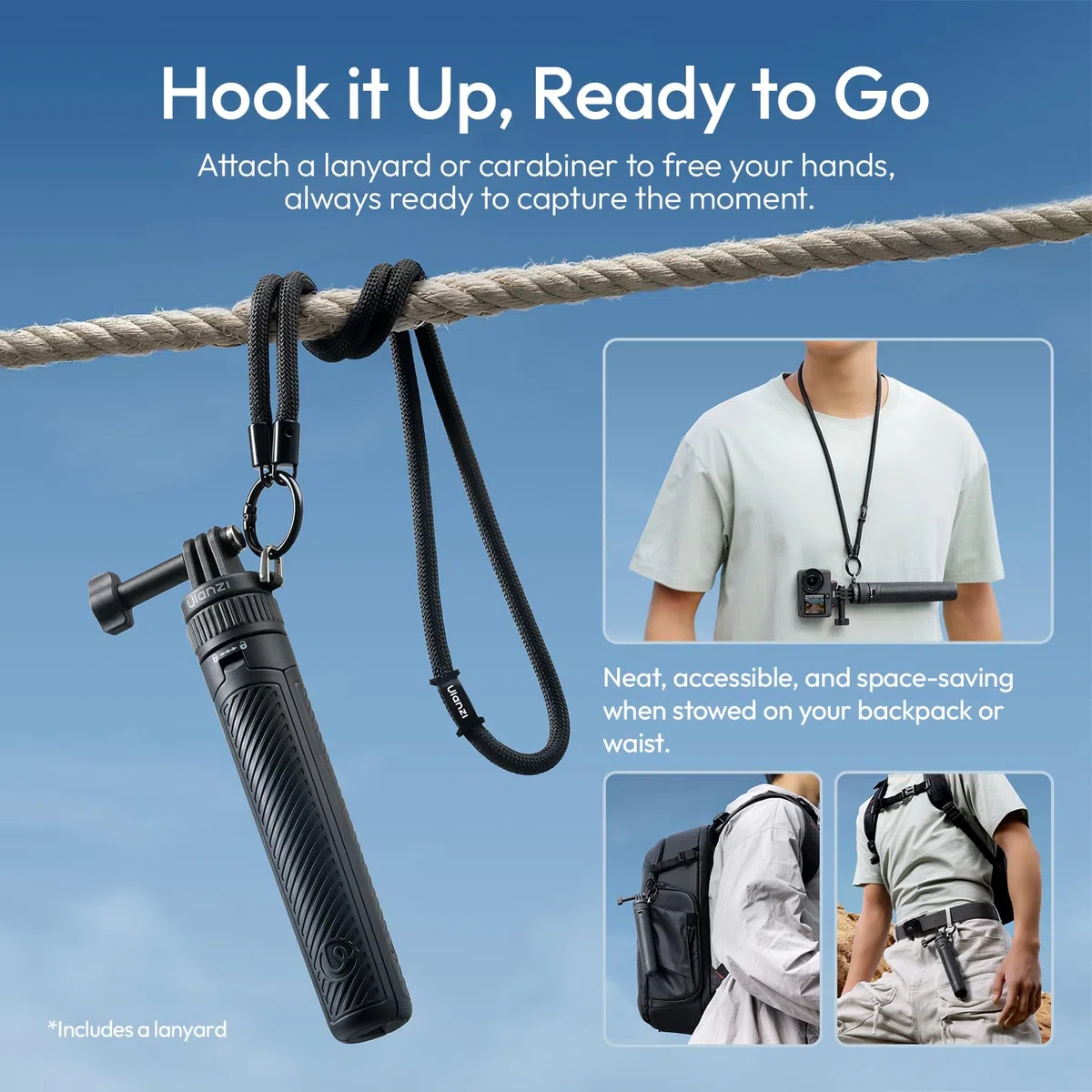ULANZI MT92 treppiede action camera 60 cm, Mini selfie stick portatile, Asta selfie treppiede con cordino per il collo, Compatibile con gopro hero 13/12/11/10/9/8/7/6, Akaso, Dji osmo action 6/5 Pro/4