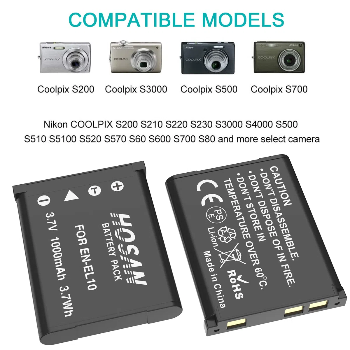 EN-EL10 HOSAN 2 Batteria di Compatibile con Serie Nikon EN-EL10 Coolpix S200 S210 S220 S230 S3000 S4000 S500 S510 S5100 S520 S570 S60 S600 S700 S80