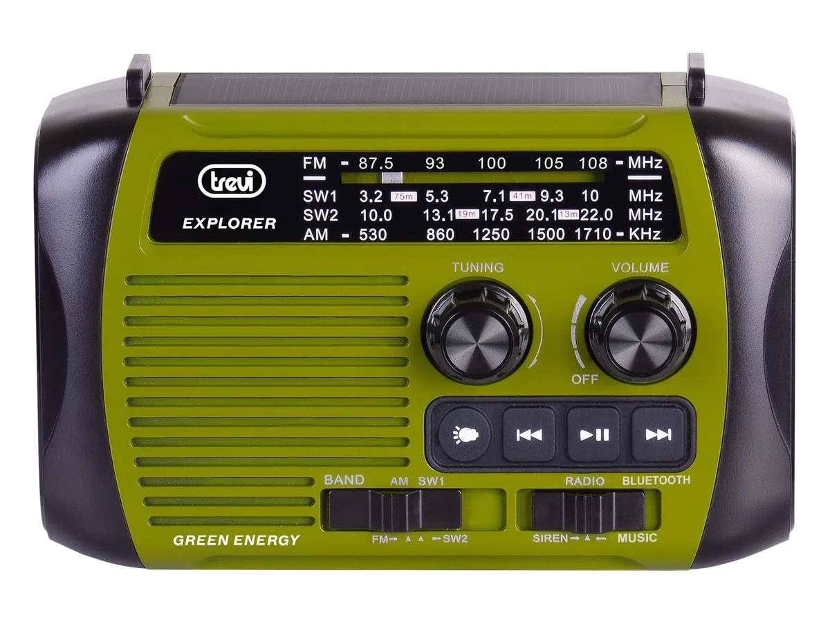 Trevi RA 7F30 BT Radio Portatile Multibanda FM/AM/SW con Lettore MP3 Wireless, Funzione Power Bank e Torcia LED, Ricarica Solare, a Dinamo o USB-C, Ideale per Emergenze, Campeggio, Viaggi, Verde
