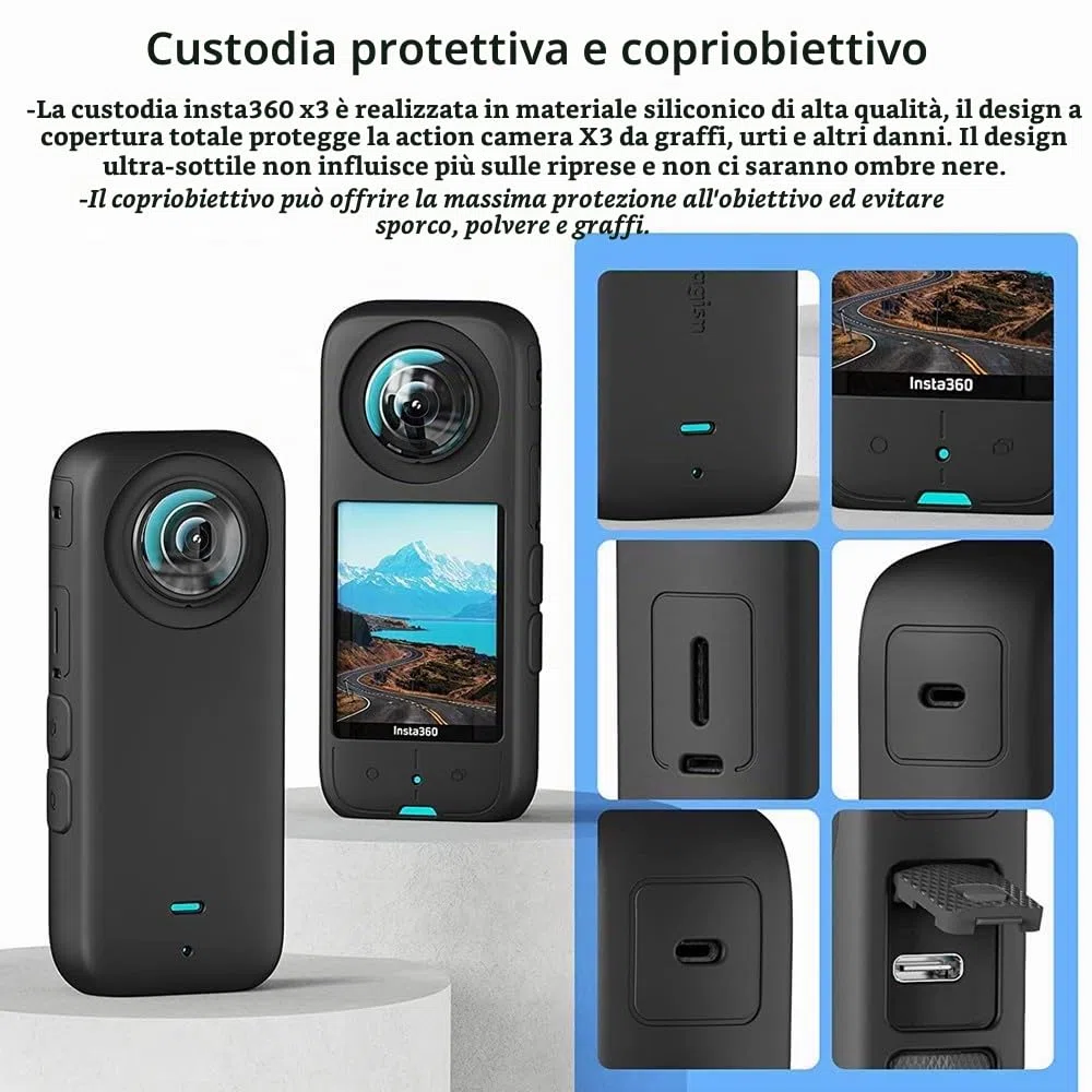 Kit di accessori 7 in 1 compatibile con Insta360 X3 [custodia in silicone per fotocamera][copriobiettivo] [pellicola protettiva per lo schermo] [custodia da trasporto per esterni con