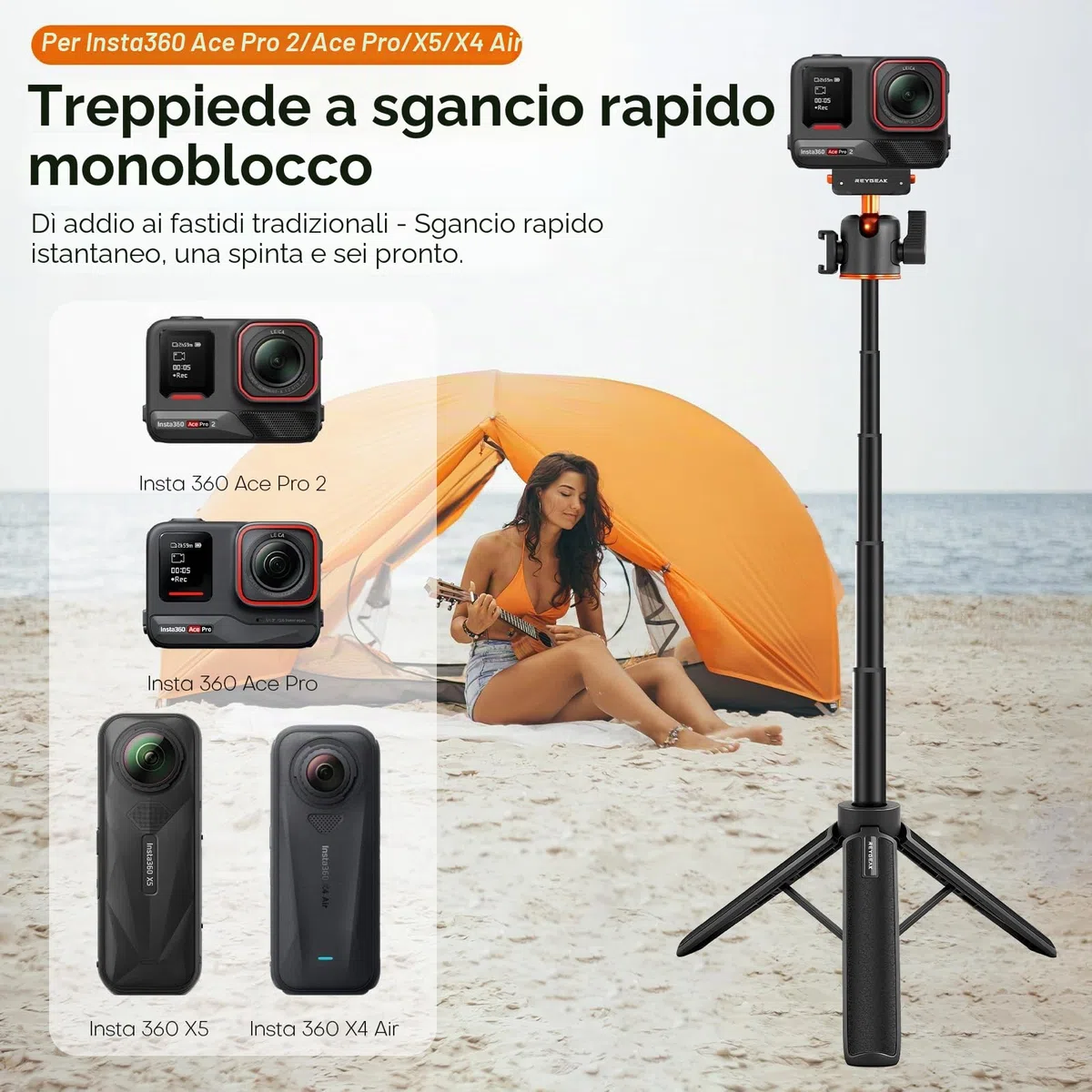 REYGEAK 55cm Treppiede Estensibile Selfie Stick per Insta360 X5/X4 Air/Ace Pro 2, con Scarpa Fredda e Adattatore a Sgancio Rapido per Montaggio Insta360