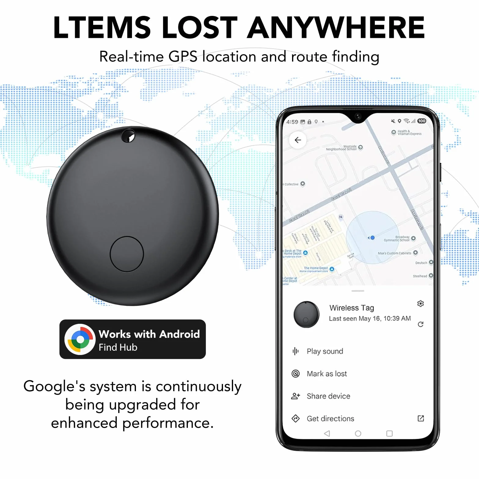 Android Smart Tag, Tracker con Google's Find Hub (Solo Android), IP68 Impermeabile, Bluetooth Localizzatore con Custodia Protettiva, Trova Oggetti per Chiavi/Bagagli/Portafogli, 4 Nero