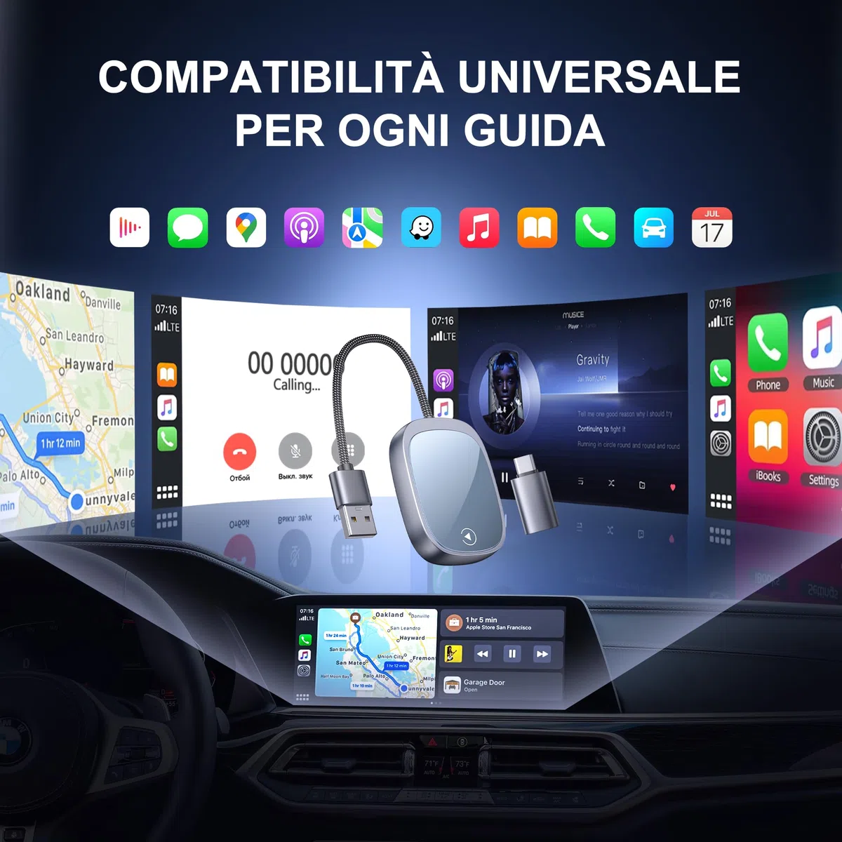 Adattatore Senza Fili CarPlay/Android Auto 2 in 1 - Collegamento Senza Cavi per Auto i OS 10+ Android 11+ - Plug&Play con USB-C Incluso