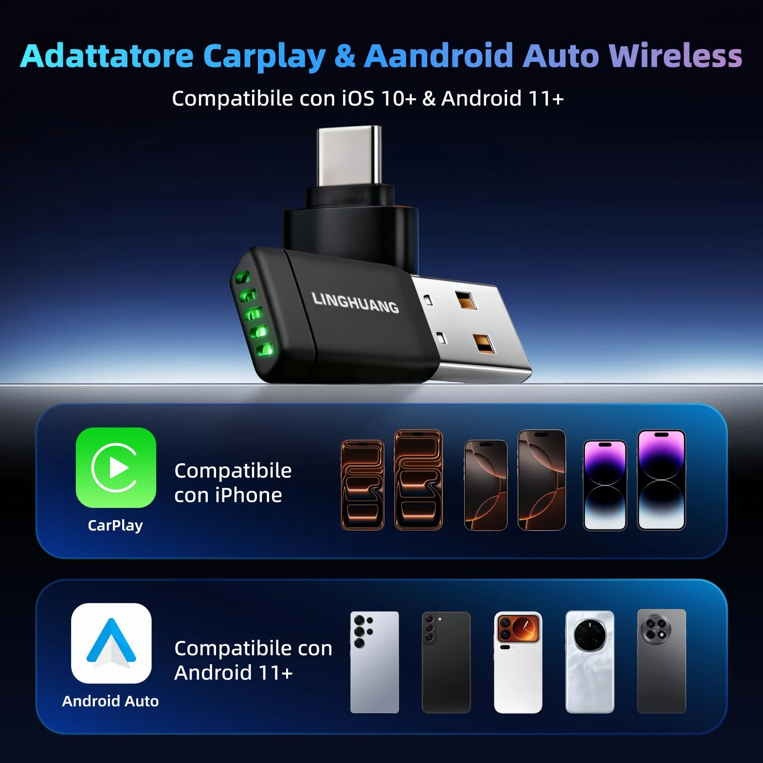 LINGHUANG Adattatore Carplay Wireless & Mini Adattatore Android Auto Wireless, Converte il Cavo in un Senza Fili, Plug & Play, Connessione Veloce e Stabile, Compatibile con iOS 10+ & Android 11+